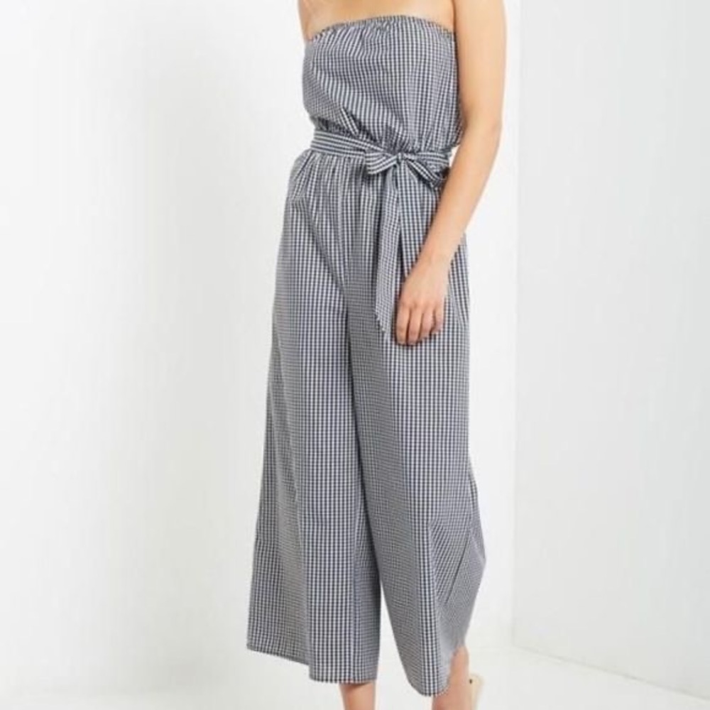 Kenar Gingham blue white checkered strapless jumpsuit waist tie  100% cotton XS